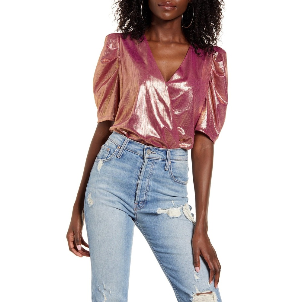 WAYF Emmi Puff Sleeve Bodysuit Metallic Rose Gold Pink Puff Sleeve NWT Size S